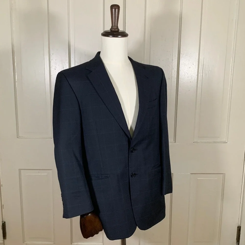 Jos A Bank Signature Mens 38S Navy Wool Silk Windowpane Blazer Sport Coat